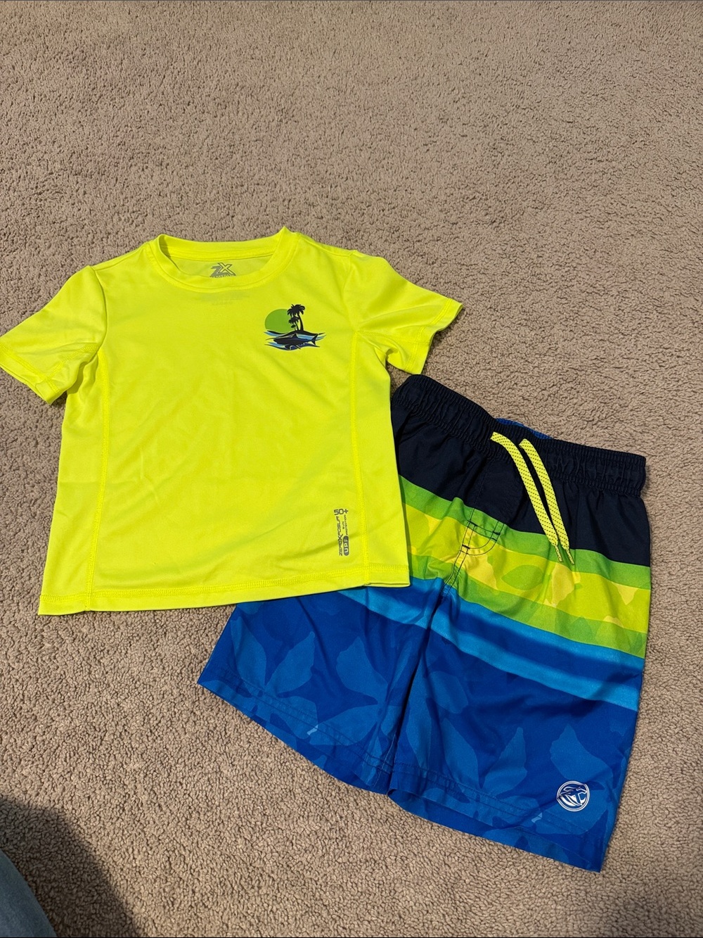 ZeroXposur Neon Yellow Rash Guard with Blue & Green Stripe Swim Trunks - Kids